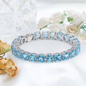 Natural Blue Topaz Stone <b>Charm</b> Bracelet 925 Sterling Silver Handmade Luxury Gemstone Jewelry Gift for Women Party Occasion - Product Image 2