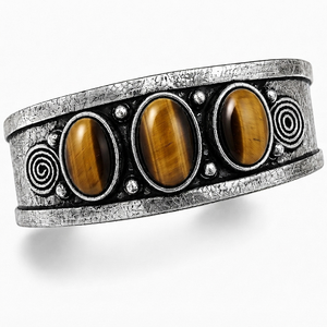 Earthbound Tiger Eye Trio Gem Wide <b>Cuff</b> Bezel Setting Handcrafted <b>Silver</b>/Gold Plated Brass Vintage Gift Jewelry - Product Image 1