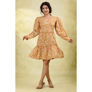 Vestido Midi Floral para Mujer, Color Amarillo Mostaza, Manga Larga, Diseño en Capas, 100% Algodón Ecológico, Cintura Natural, Ligero, para Verano - Product Image 1