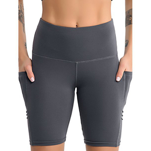 Shorts de Yoga de Cintura Alta para Mujer, Color Sólido, Spandex y Poliéster, Elásticos en Cuatro Direcciones, Bolsillos, Cintura Elástica, Diseño de Costuras en Contraste - Product Image 2