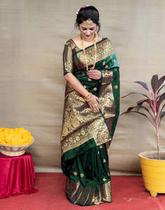 Dark <b>Green</b> <b>Silk</b> Woven Banarasi Saree - Product Image 1