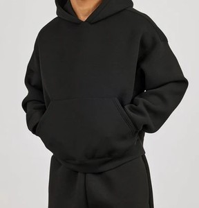 Unisex Black Two-Piece Hooded <b>Sweatshirt</b> Set Full Sleeve Loose Fit Cotton Fleece Casual All Seasons Solid Color Knitted Long - Product Image 1