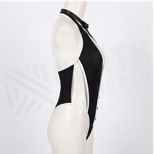 Women's Black Ribbed One-Piece Swimsuit <b>Crossed</b> Halter Deep V Neck Button Front Bodysuit Stretch Swimwear - Product Image 3