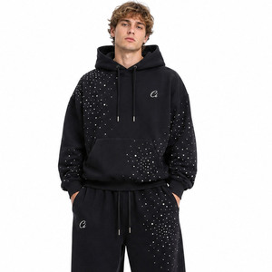 Ensembles de sweats à capuche noirs Y2K scintillants avec strass, personnalisés, en molleton épais 100% coton, pantalons de survêtement amples et surdimensionnés, sweats à capuche carrés, vente en gros - Product Image 2