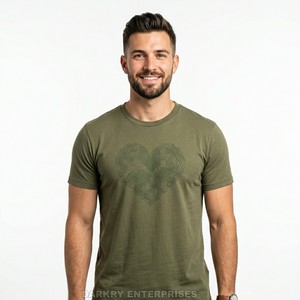 Custom T Shirt Manufacturer Mens Olive Green Topographic Heart Graphic Tee High Quality Nature Print Cotton <b>Tshirt</b> Wholesale - Product Image 1