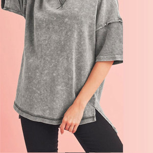 T-shirts d'été en gros 100% coton à col en V et manches courtes, délavés à l'acide, personnalisables, coupe ample, style décontracté, effet vintage - Product Image 4