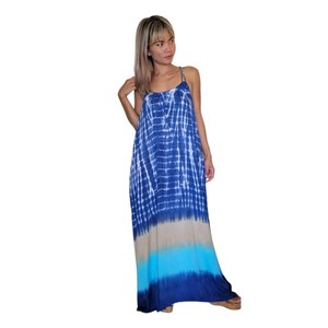 Stylish Blue Ombre Tie Dye Rayon Maxi Dress Sleeveless <b>Spaghetti</b> <b>Strap</b> Neck Bohemian Long Dress for Women - Product Image 1