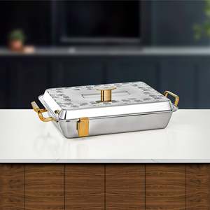 Moderna Cacerola Rectangular de Acero Inoxidable Aislada, Recipiente para Calentar y Servir Alimentos con Asas Doradas para la Colección Ramadán - Product Image 4