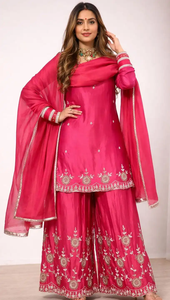 Ensemble Salwar Kameez en Soie Brodé Rose, Longueur Cheville, Tenue Traditionnelle Indienne/Pakistanaise pour Mariage/Soirée d'Été, avec Châle, Séchage Rapide - Product Image 2