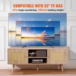 Metà del secolo moderno 55 pollici TV Stand Boho rovere e Rattan TV Cabinet con ripiani regolabili per soggiorno sala multimediale - Product Image 3