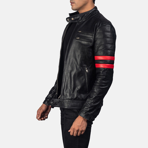 <b>Men</b> <b>Black</b> Genuine Leather Motorcycle Biker Jacket with Red Arm Stripe Stand Collar Slim Fit Fashion Riding Jacket OEM Service - Product Image 2