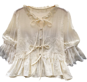 Blusa de Lino Crema para Mujer con Cuello con Volantes, Mangas Abullonadas, Capa Transparente, Estilo Dulce, Primavera Verano, Corte Holgado - Product Image 3