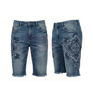 Men's Denim Shorts Straight Leg Mid Waist Embroidered Floral Design Stonewashed Cotton Casual Summer Wear - Product Image 1