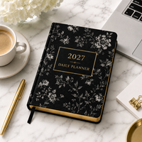 Agenda quotidien LABON personnalisé 2027, couverture rigide en tissu floral botanique Midnight, bords dorés, journal de productivité, papeterie