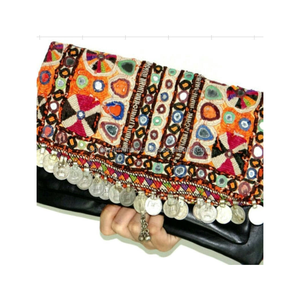 Handmade Stunning Coin Leather Rabari <b>Work</b> Banjara Clutch <b>Bag</b> Ethnic Bohemian Embroidered Vintage Style Party Wear Handbag - Product Image 1