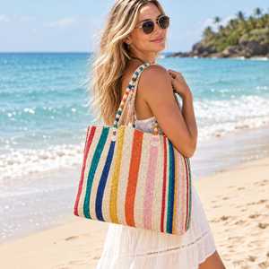 Colorful Raffia Tote <b>Bag</b> with <b>Crochet</b> Stripes Handmade Natural Straw <b>Bag</b> for Beach Market Casual Use Striped Straw Shoulder <b>Bag</b> - Product Image 3