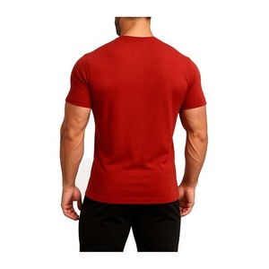 T-shirt en coton rouge à manches courtes et col rond pour homme, coupe ajustée, couleur unie, respirant, design jersey tricoté - Product Image 3