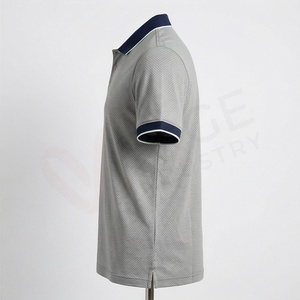 Polo à manches courtes gris pour homme avec col et poignets bleu marine, en coton tricoté, décontracté, respirant, coupe classique, design uni - Product Image 3