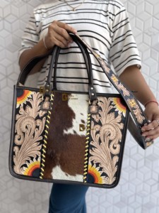 Stylish Sling Purse for Women Unique Design Hot Sale Hand Tooled Cowhide Fur <b>Genuine</b> Leather Tote Bag Multi Use - Product Image 5