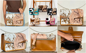 New Arrival Luxury Handmade Hair On Cowhide Genuine <b>Leather</b> Crossbody Bag <b>Tooled</b> Floral Western Women's Shoulder Messenger Bag - Product Image 3