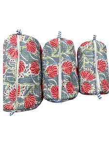 Bolsa de Cosméticos de Algodón Floral Gris Hecha a Mano |   Bolsa de Maquillaje Acolchada con Forro Impermeable y Cierre |   Neceser de Viaje Artesanal - Product Image 6