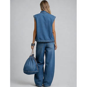 Débardeur en jean sans manches pour femme, col rond, couleur unie, coupe décontractée, longueur cheville, tissé délavé, imprimé numérique - Product Image 5