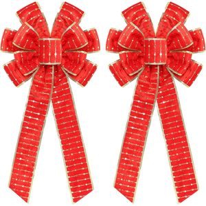 2 Pezzi Fiocchi Natalizi in Velluto Rosso/Oro 28x50 cm, Decorazioni Lucide Dorate per Albero di Natale, Ghirlande per Porte, Finestre e Caminetti - Product Image 1