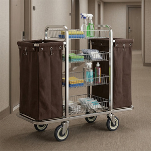 Chariot d'hôpital en acier inoxydable avec 3 étagères et bacs en tissu marron pour le stockage et le transport de fournitures médicales - Product Image 1