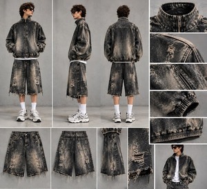 <b>Women</b> Acid Wash Stand <b>Collar</b> Zip up 100% Cotton Jacket and Knee Length Shorts Set Loose Streetwear Two Piece Outfit - Product Image 1