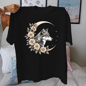 Cabeza de Lobo con luna creciente Camiseta de algodón puro Mujer ajuste cómodo - Product Image 2