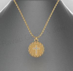 Pendentif religieux chrétien de luxe géométrique rond de 18 mm en argent 925 plaqué or 14 carats avec croix pavée de CZ, bijoux fins pour hommes - Product Image 4