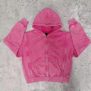 Sweat à capuche zippé Streetwear Designer personnalisé, en coton épais, coupe oversize, délavé à l'acide, effet vieilli, brodé de strass - Product Image 5