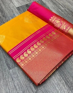 Sari Tradicional KV de Mezcla de Seda Kanjivaram Tejido a Mano (Amarillo) - Product Image 5