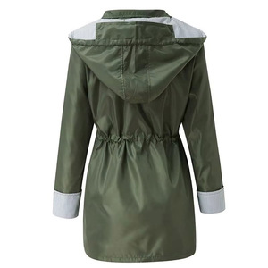 Women Hooded <b>Rain</b> <b>Jacket</b> Drawstring Waist Striped Lined Waterproof Mid Length Outdoor Ladies Coat Navy Red Olive Raincoat - Product Image 2