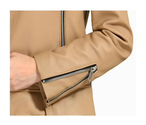 Chaqueta de Motociclista de Cuero PU Color Bronceado para Mujer, con Cierre de Cremallera, Cuello Camisero, Manga Larga, Estilo Otoñal - Product Image 3
