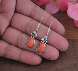Orange Copper Turquoise 925 Sterling <b>Silver</b> Teardrop Dangle Handmade Filigree <b>Wire</b> Hook Drop Earrings <b>Silver</b> Plated Wedding - Product Image 3