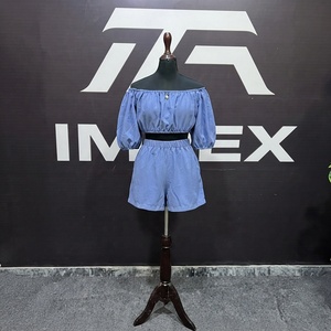 Women's Blue <b>Off</b> <b>Shoulder</b> 2 Piece Shorts Set Oxford Cotton Casual Spring Summer Regular Fit Solid Color <b>Ruffles</b> <b>Top</b> With Shorts - Product Image 1