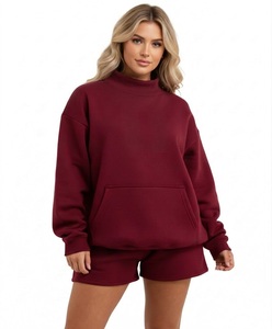 Conjunto de 2 piezas de forro polar para mujer, sudadera de cuello alto con bolsillo y pantalones cortos, color sólido, corte holgado informal, para todas las estaciones - Product Image 1