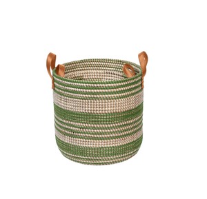 Custom Made Green Striped Seagrass <b>Basket</b> Handcrafted Storage Laundry <b>Hamper</b> Container Bin with Upright Leather Handles - Product Image 1