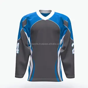 블랙 앤 로얄 블루 V 넥 아이스 하키 저지 팀 세트 맞춤형 로고 아플리케 자수 아이스 하키 유니폼