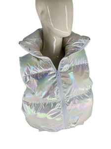 <b>Women's</b> Holographic <b>Long</b> Puffer Vest Iridescent Shiny Bubble <b>Gilet</b> Lightweight Winter Warm Sleeveless Fashion Streetwear Hooded - Product Image 3