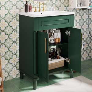 Mobile Bagno da 24 Pollici con Lavabo Singolo Integrato in Ceramica, Armadietto Bagno a 2 Ante, Dimensioni Piccole e Medie - Product Image 4