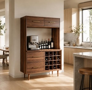 Mueble Bar Moderno de Teca Sólida Ecológico y Duradero con Almacenamiento de Vino, Estación de Café, Cajones y Diseño Desmontable Independiente - Product Image 1