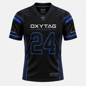Maillot de football américain Oxytag Sports pour homme, noir et bleu, col en V, manches courtes, tissu respirant, taille L, prix de gros - Product Image 1