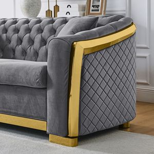 Divano Chesterfield di Lusso in Velluto a 3 Posti, 84 Pollici, Set Divano Trapuntato con Finiture in Acciaio Dorato per Soggiorno, Tessuto Grigio - Product Image 4
