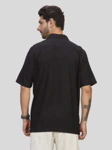 Men's Winter Black Short Sleeve Embroidered Floral Casual <b>Shirt</b> with Turn Collar Eco-Friendly Breathable White Stitching Detail - Product Image 2