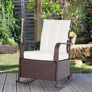 Sedia a dondolo reclinabile da esterno in vimini e rattan color crema, regolabile, con cuscino morbido e poggiapiedi - Product Image 2