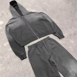 <b>Men</b>’s Acid Wash Tracksuit Oversized Zip Up Jacket Jogger Pants Vintage Streetwear Fashion Heavyweight Cotton Two Piece <b>Set</b> - Product Image 4