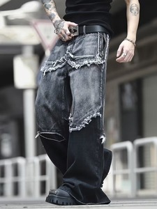 Pantalon large déchiré en faux denim style hip-hop américain pour homme, style urbain de niche, patchwork, délavé - Product Image 3