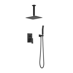 Set Doccia di Lusso Nero Opaco con Soffione a Pioggia e Rubinetto a Soffitto per Bagno - Product Image 1